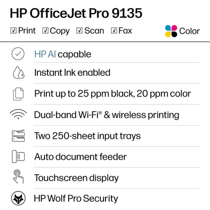 HP OfficeJet Pro 9135 Wireless All-in-One Color Inkjet Printer, Print, Scan, Copy, Fax, ADF, Duplex Print/scan, Best-for-Office, 3 Month Trial of Instant Ink Included, AI-Capable (C2WM0A)
