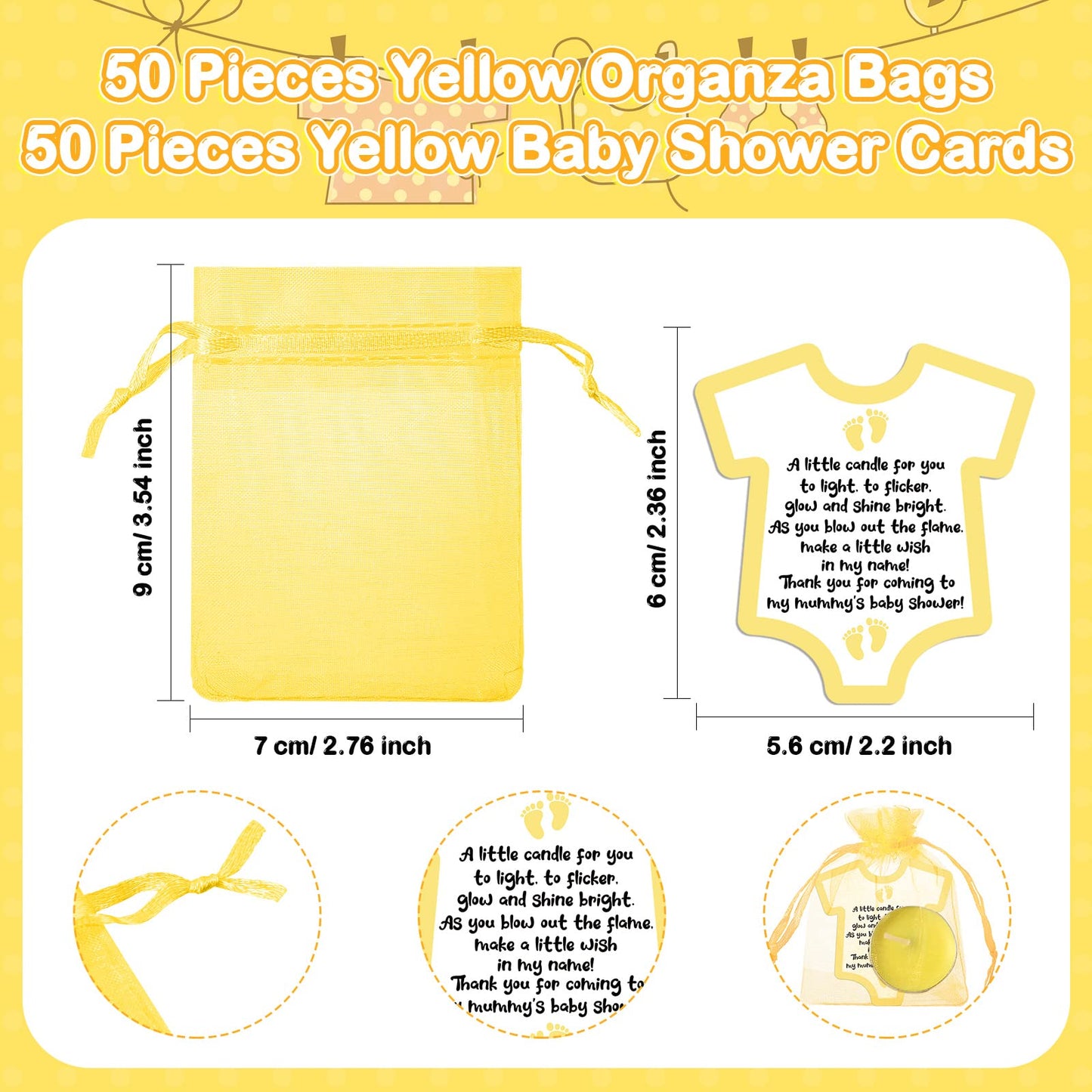 Roowest 50 Set Baby Shower Party Candles Gift for Guests Cute Tea Lights Candle Decorations with Thank You Cards Organza Bags for Girl Boy Baby Shower Gender Reveal Favors(Yellow)
