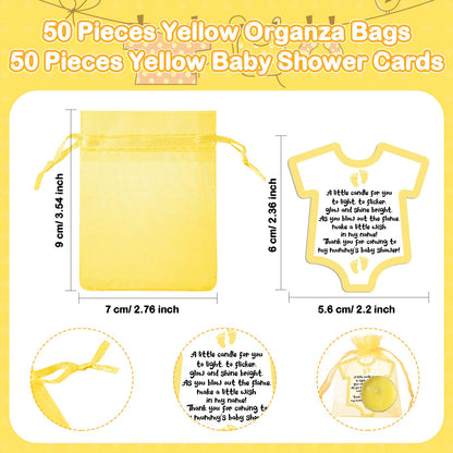 Roowest 50 Set Baby Shower Party Candles Gift for Guests Cute Tea Lights Candle Decorations with Thank You Cards Organza Bags for Girl Boy Baby Shower Gender Reveal Favors(Yellow)