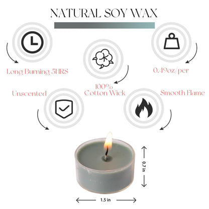 MUUFAZA 12 Unscented Natural Soy Tealight Candles in Clear Cups, 5H Long Clean Burning, Hand-Poured Green Mini Tea Candle Set for Parties, Spa, Meditation, Gift, Holiday, Emergency, Home Decor