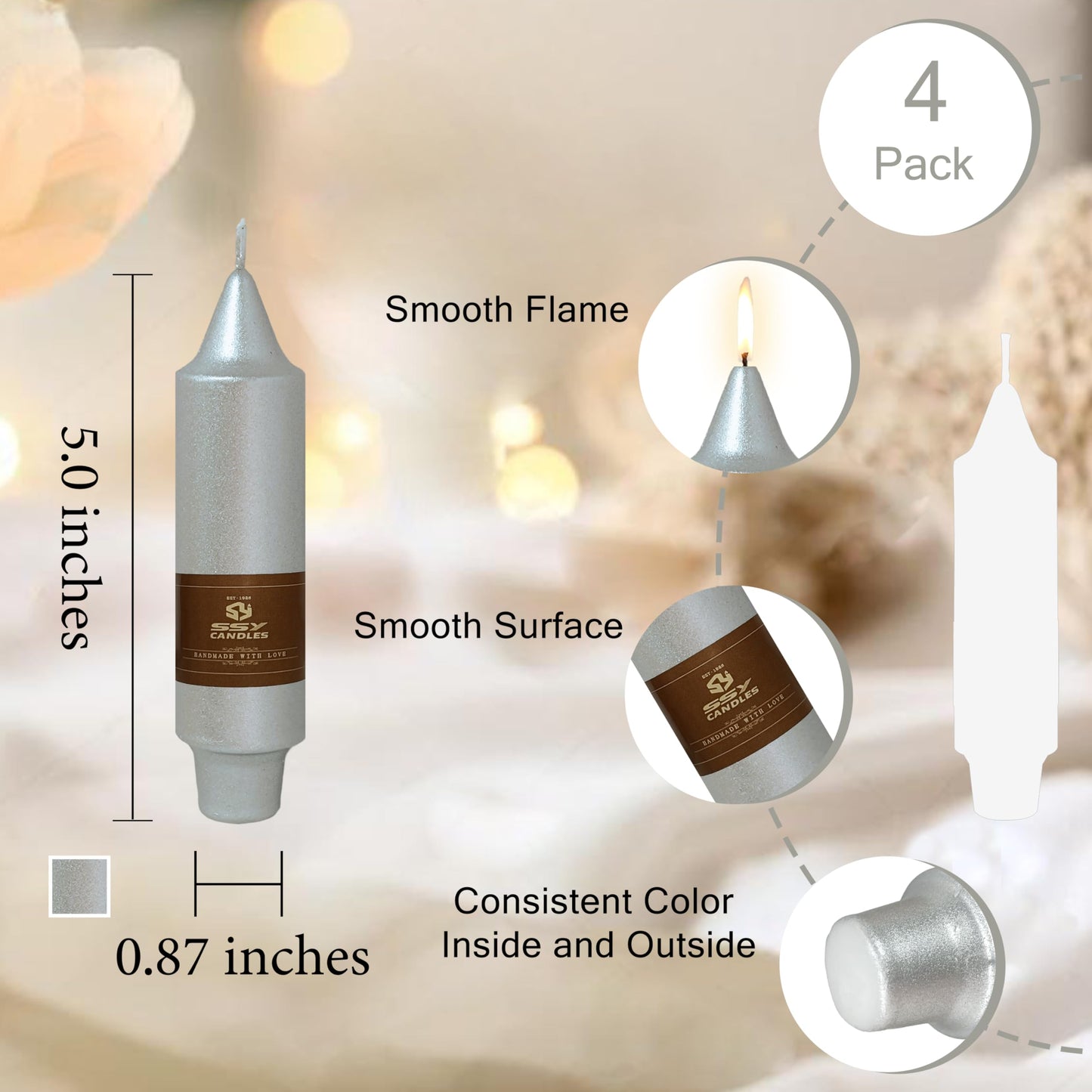 Christmas Metallic Silver Candle 5 Inch Short Smokeless Taper Candles 4 Pack Unscented Dinner Candle for Christmas Dinner
