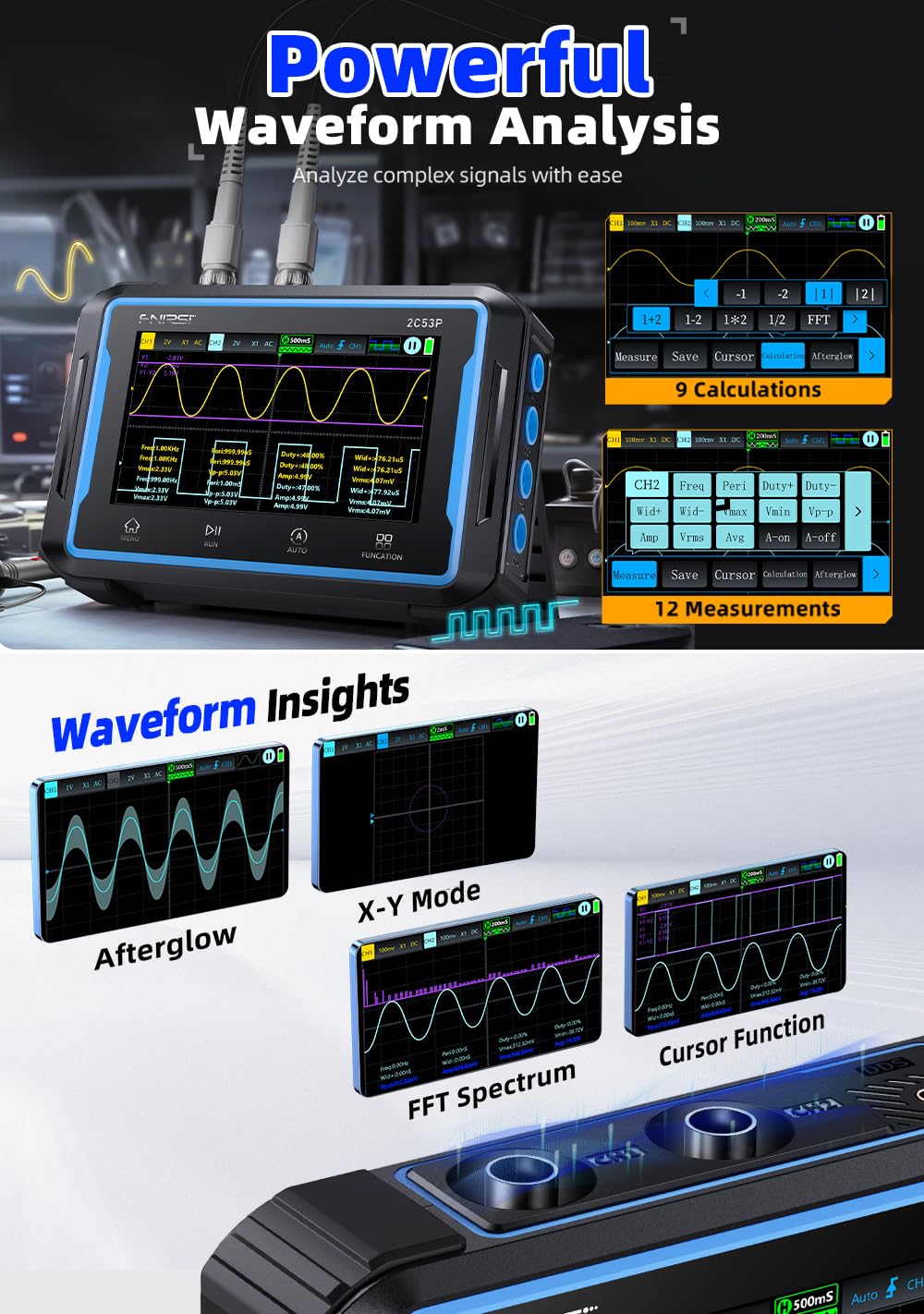 【FNRSI 2C53P Plus Upgraded with Carrying CASE】 3in1 Oscilloscope/Multimeter/DDS Signal Generator Tablet Touch Screen Portable Digital Automotive Oscilloscope 2 Channel 50MHz Bandwidth 250Ms/S Counts