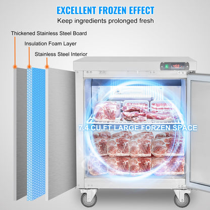 VEVOR 28" W Commercial Freezer Worktop, 7.4 Cu. Ft Undercounter Freezers with/Casters, <0~-8℉>Defrost Frozen Prep Table, Single Door Stainless Steel Food Frozen Prep Station for Restaurant, Diner