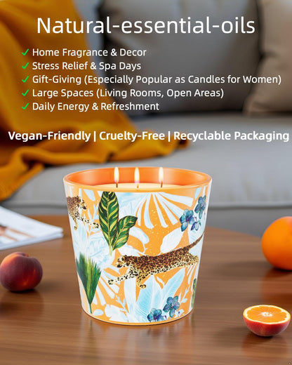 Mandarin Peach Scented Candle, 30oz Natural Soy Wax Non Toxic, 3 Wick Large Aromatherapy Candles for Home Scented, 100+ Hours Long Lasting,Clean Brun, Luxury Canle Gift for Women,Stress Relief,SPA