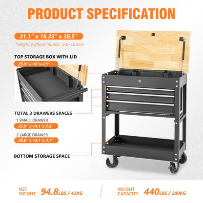 DNA Motoring 3-Drawer Rolling Tools Chest, Rolling Tool Storage Cabinet, Heavy Duty Mechanic Tool Cart, Trolley Organizer for Garage, Warehouse, Workshop, Black, TOOLS-00403