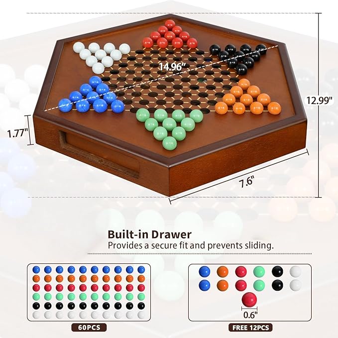 15 Large Upgraded Wooden Chinese Checkers Game Board – Premium 16mm Glass Marbles (60 + 12 Extras) Easy Grip Storage Drawer Ideal Multi-Player Puzzle Game for 2-6 Players