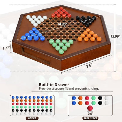 15 Large Upgraded Wooden Chinese Checkers Game Board – Premium 16mm Glass Marbles (60 + 12 Extras) Easy Grip Storage Drawer Ideal Multi-Player Puzzle Game for 2-6 Players