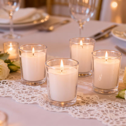 flamecan 24 Pack Clear Glass Filled White Votive Candles. Unscented Votive Candles for Home Décor Spa Weddings Birthdays Holidays Party