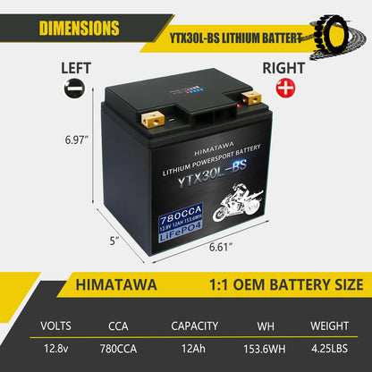 Himatawa YTX30L-BS lithium battery 780cca 12Ah LiFePO4,Fits for motorcycle,UTV,ATV,PWC,Jet Ski, Scooter, Lawn Mower, Snowmobile, Motorbike,Tracktor,Quad