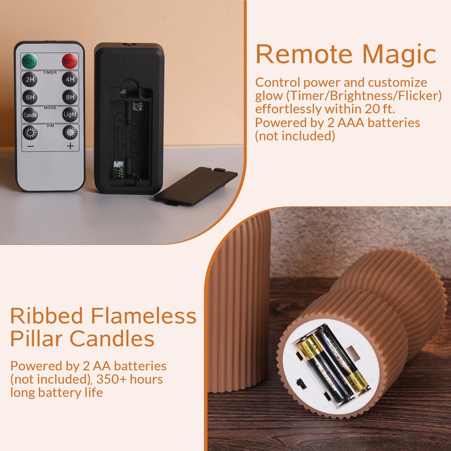 Girimax Warm Brown Ribbed Flameless Pillar Candles with Remote, Real Wax Flickering Battery LED Candles Christmas Decor Gift Set of 2