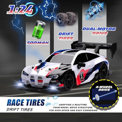 1:24 Scale RC Drift Car4WD 2.4GHz High Speed Racing Hobby Sport Toy Car Vehicle with LED LightsRacing and Drift Wheels for Adult Boys Girls Kids Gift (8605-White)