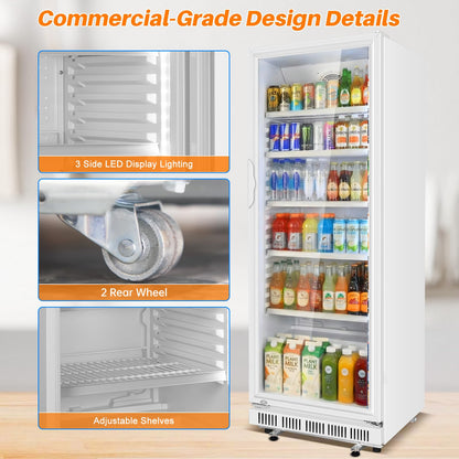 Velivi Commercial Beverage Refrigerator, 24.5" Glass Door Display Fridge, 15 Cu.Ft Beverage Cooler with 5 Adjustable Shelves, Auto Rebound Door, Low Noise, for Shops, Restaurants & Bars WHITE