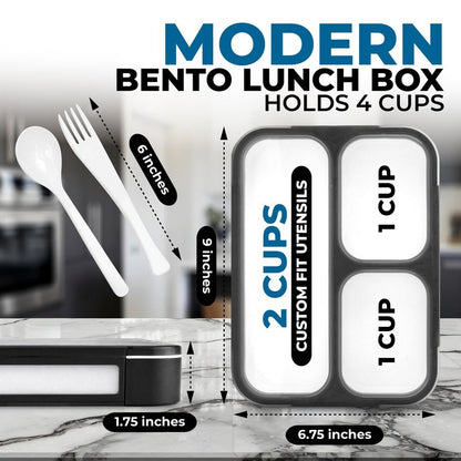 Bento Lunch Box Kids & Adults, Lunch and Snack Containers for Boys & Girls with 3 Compartments - School, Work Daycare, Meal Planning Portion Control Container, BPA-Free Boxes, Utensils, Blue 1 pack