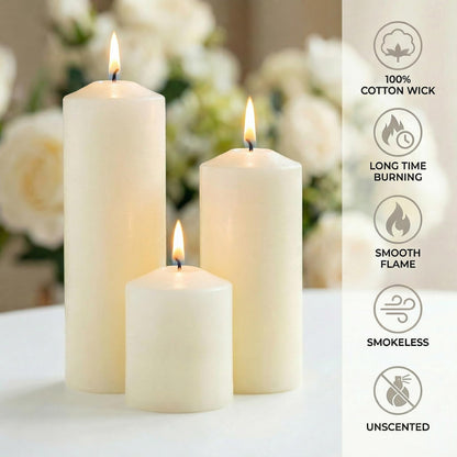 6 Pcs Individually Wrapped Pillar Candles Bulk, 2x3 2x6 2x8 Inch, Unscented Dripless Smokeless, Hurricane Candles for Wedding Party, Spa, Home Decor (6 Ivory Pointed-tip, 2 x 3/6/8 Inch)