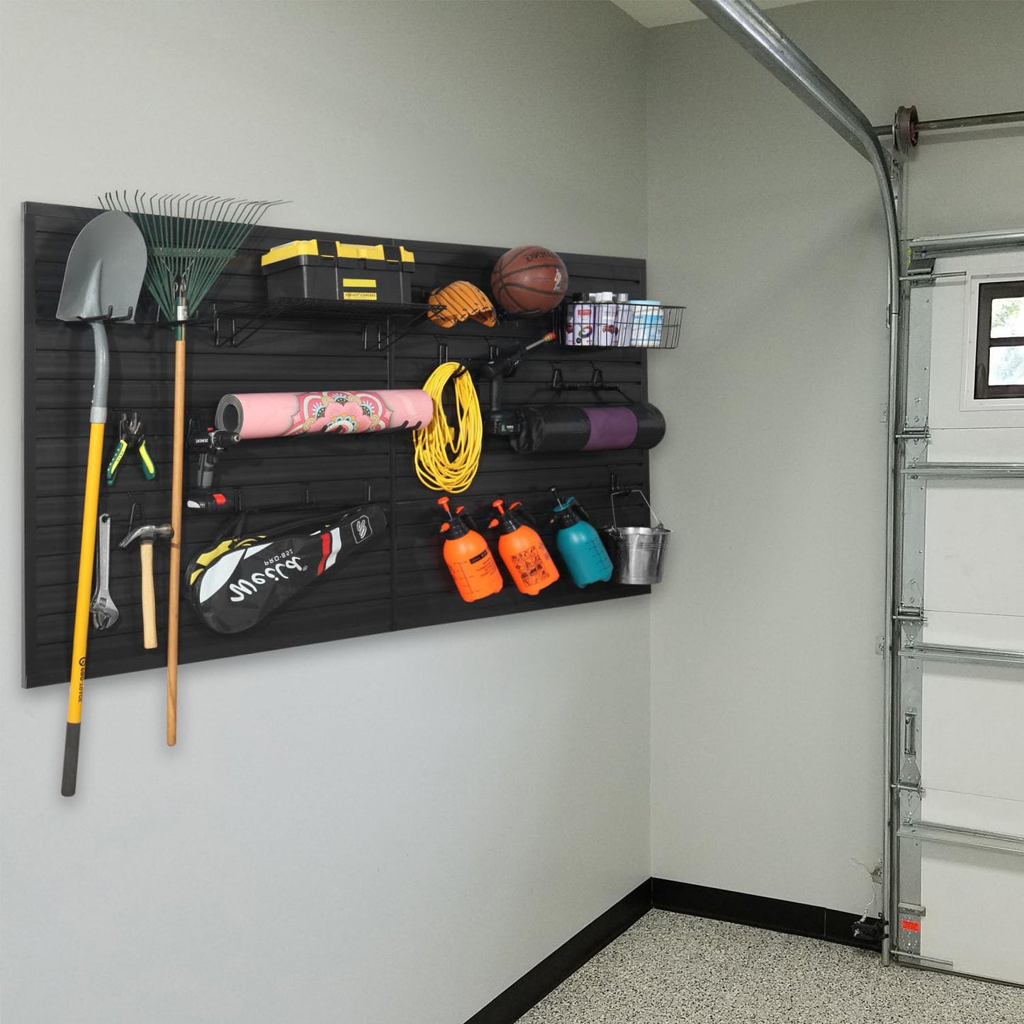 BRITINE Slatwall Panel Garage Organizer PVC Slatwall Heavy Duty Wall Mounted Rack, Interlocking Slat Wall Panels for Tool Organization Peg Board (Black 4 x 8 ft)