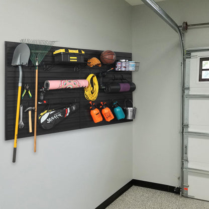 BRITINE Slatwall Panel Garage Organizer PVC Slatwall Heavy Duty Wall Mounted Rack, Interlocking Slat Wall Panels for Tool Organization Peg Board (Black 4 x 8 ft)
