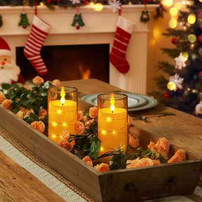 Homemory Flameless Candles with Embedded Star String Fairy Lights, Battery Operated Candles, LED Candle, Fake Candles with Remote Control and Timer, Gold, Set of 2(H 6" 6")