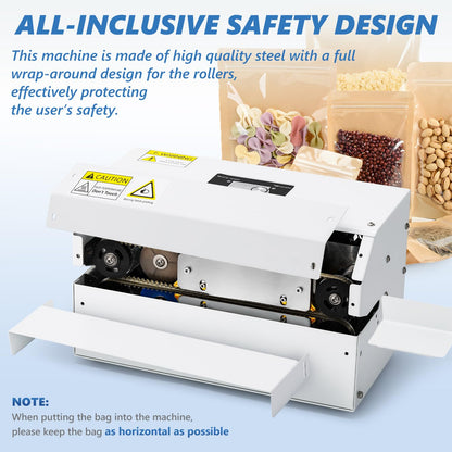 Frifreego Commercial Grade Heat Sealer Automatic Continuous Heat Bag Sealing Machine, Temp&Speed Adjustable, Heavy Duty Horizontal Bag Sealing Machine for Kinds of Plastic Packing Bags, Desktop White
