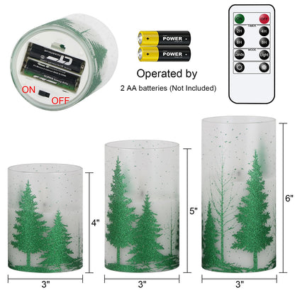 DRomance Christmas Tree Glass Flameless Candles with Remote Timer Battery Operated Real Wax 3D Wick LED Flickering Pillar Candles Christmas Holiday Decor(Green, 3 x 4,5,6 Inch)