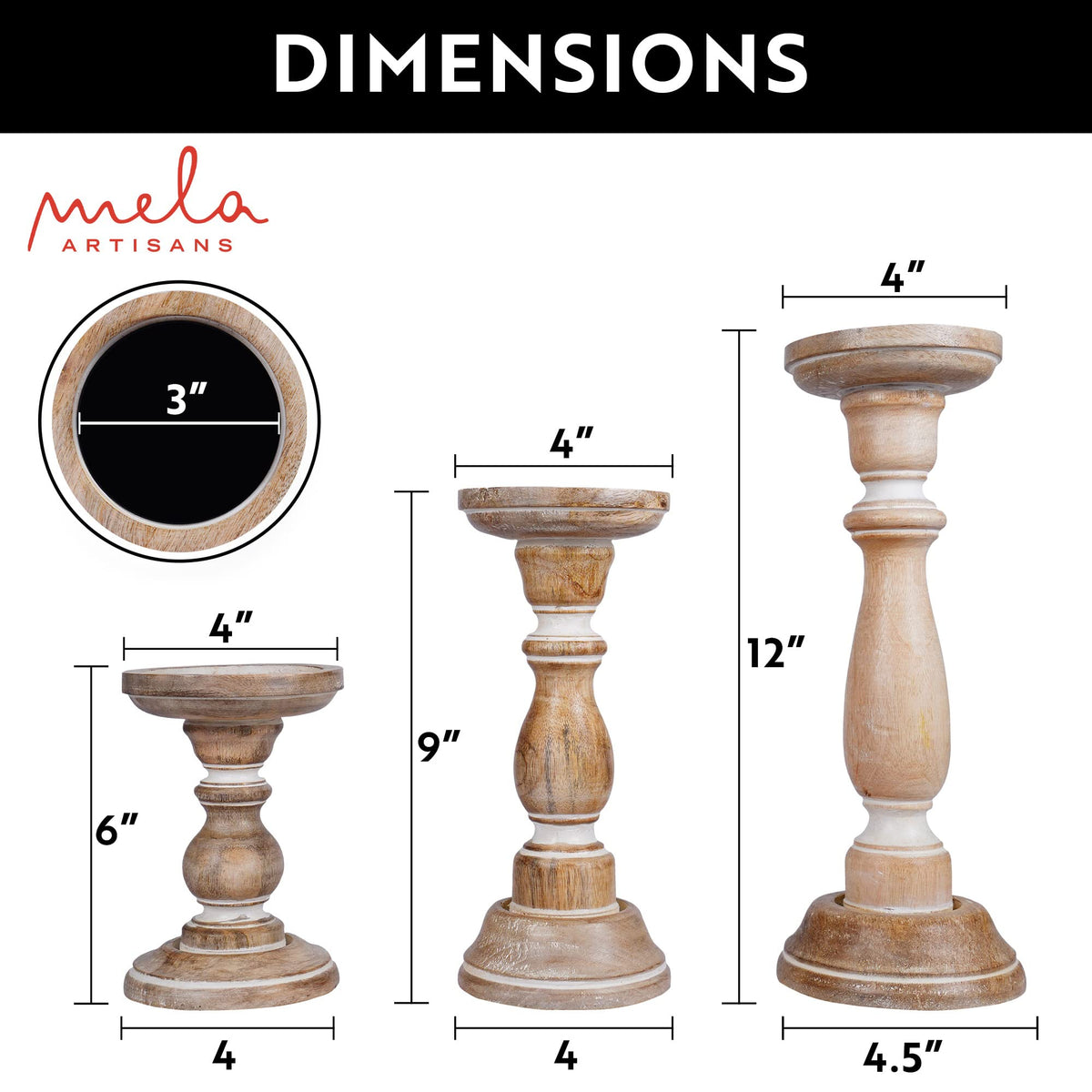Mela Artisans 6”, 9” & 12” Mango Wood Pillar Candle Holder Set of 3 – Tuli Design Whitewashed – Wooden Candle Holders for Table, Mantel & Living Room Décor