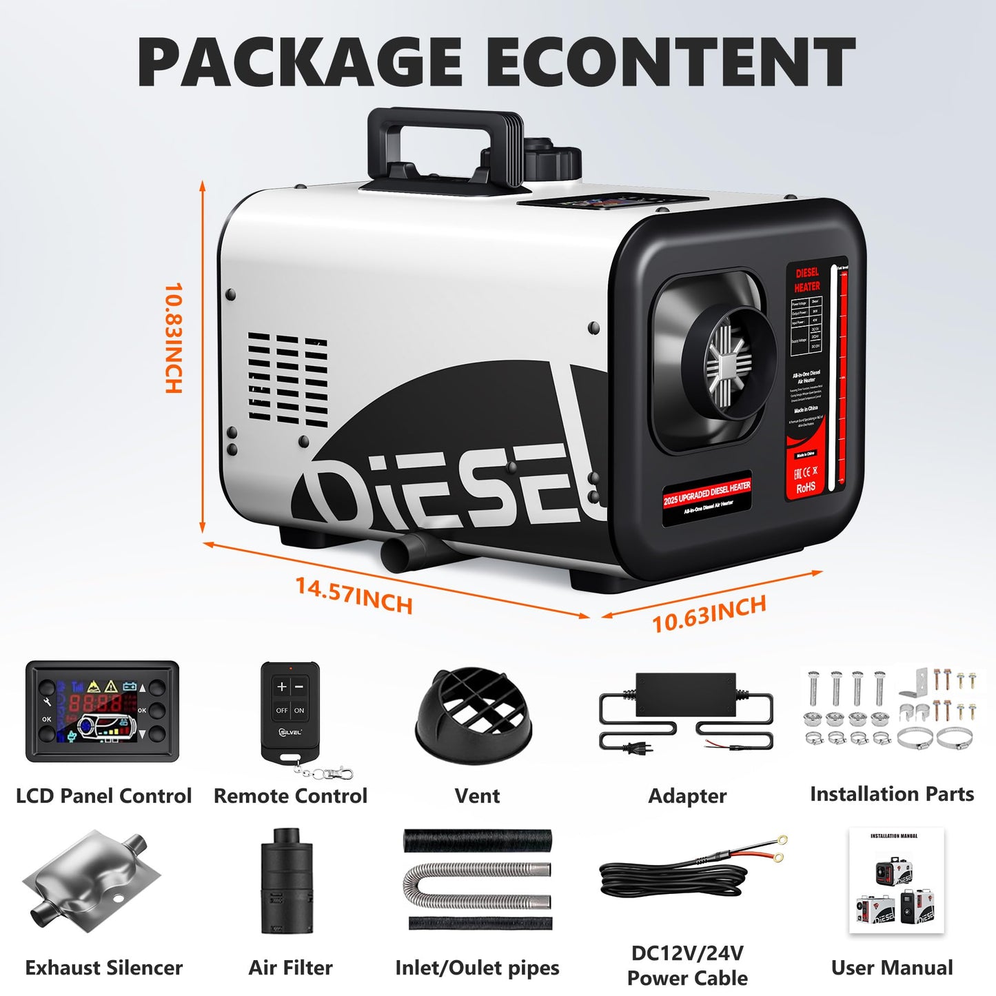 SILVEL Diesel Heater 8KW 110V/12V/24V, All-in-One 7L-8L Portable Diesel Air Heater with LCD Screen, Remote Control, Suitable for Car, Camper, RV, Truck, Home, Garage, Shop, Boat, White