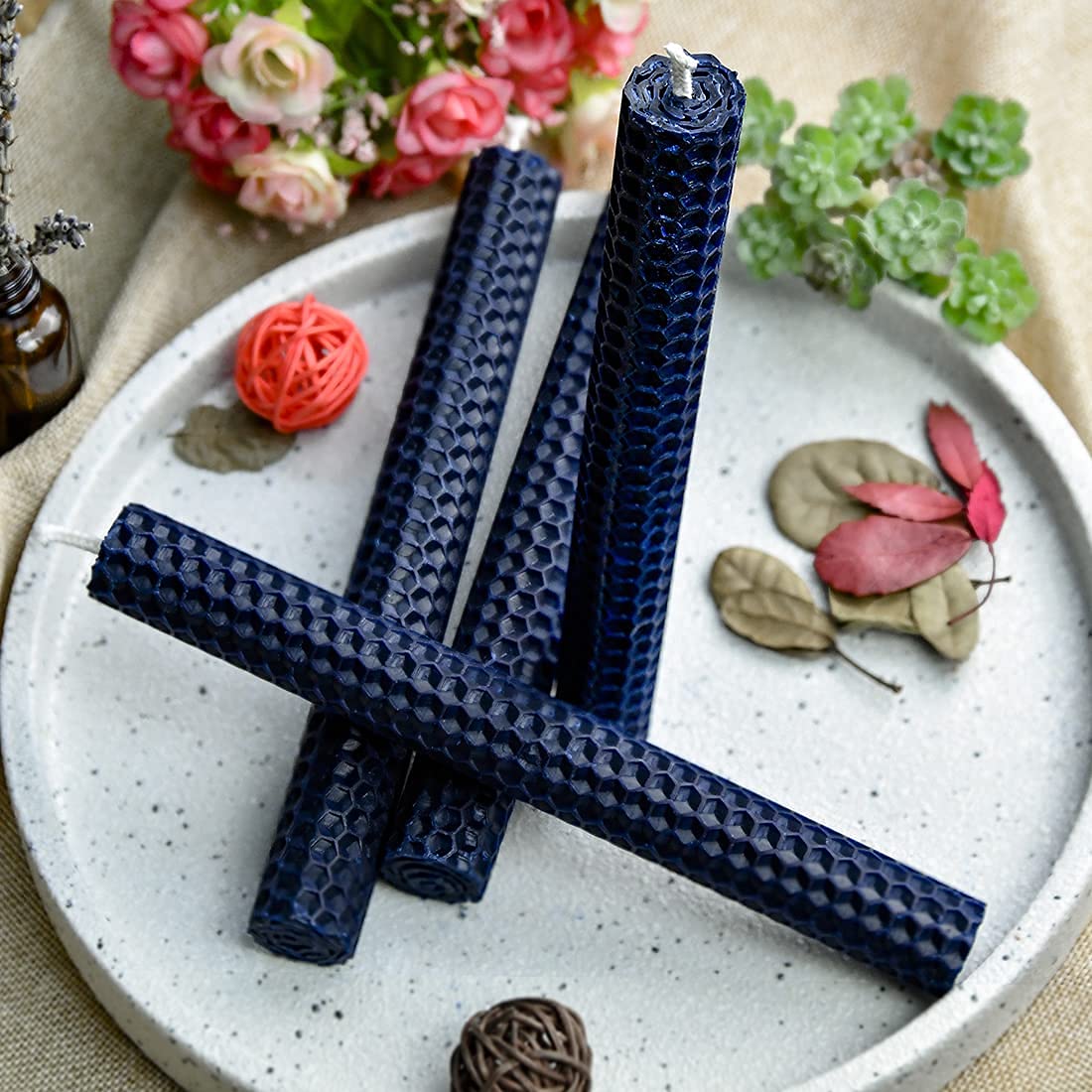 DEYBBY Natural Beeswax Taper Candles,Honeycomb Design Hand-Rolled Beeswax Candles, Dripless and Smokeless, Set of 6 Flat Top (Blue)