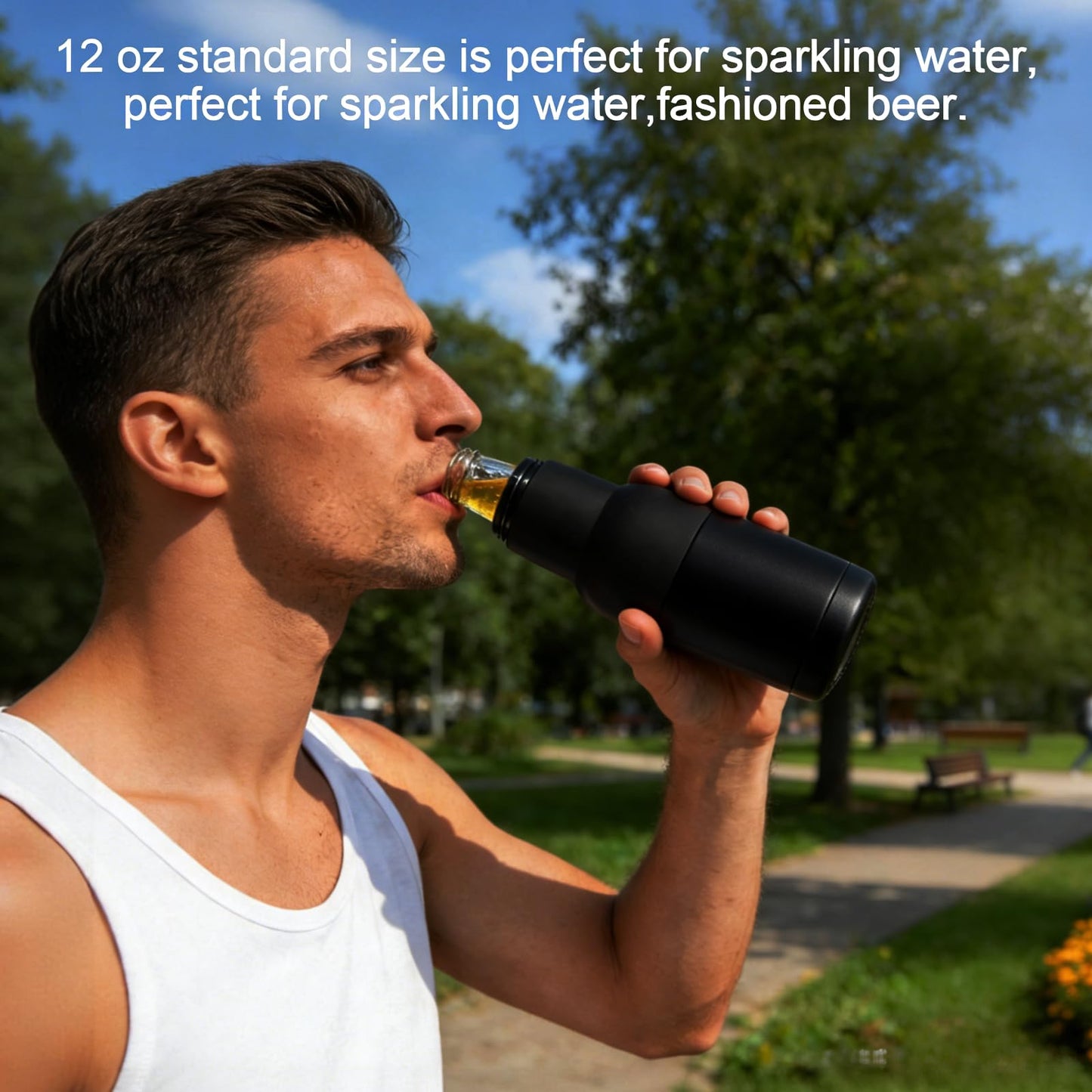 Hgkeke 12oz Universal Beer Bottle Holder Double Walled SS Beer Bottle Cooler 3 in 1 Can Koozie with Beer Opener Vacuum Insulated - fit Fishing,Camping Outdoor Activities and Nice Gift for Men(Black)