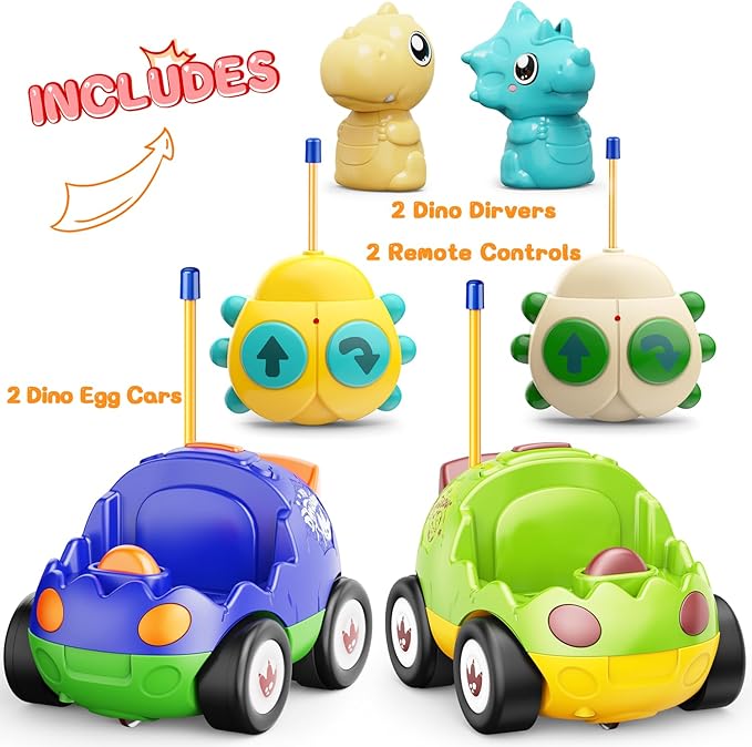 2 Pack Dinosaur Toys Remote Control Cars for Toddlers Ages 2 3 4 5 Christmas Birthday Gifts for 2-5 Year Old Boys Dinosaur RC Car Toys with Music and Lights (Green Blue)
