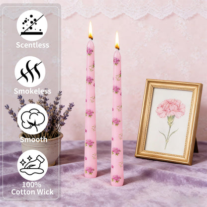 Taper Candles,10 inch 2pc Pink Tapered Candles with Peony Printed, Unscented and Smokeless Long Burning Candles,Tall Candlesticks with Cotton Wicks,Ideal for Weddings, Home Décor