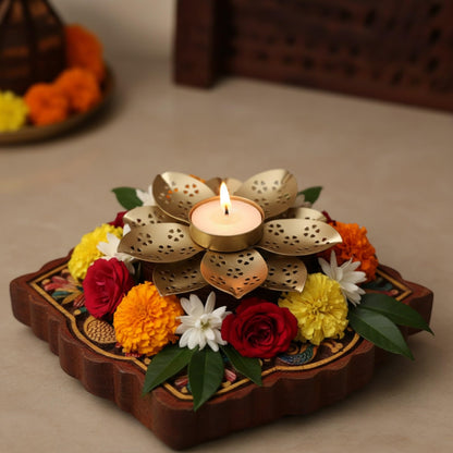 Decorative Metal Tea Light Candle Holder, Gold, Flower Design with Heart Pattern Cutouts, 3 Inch