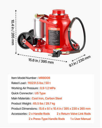 VEVOR Pneumatic Bottle Jack 50T Hydraulic Car Jack Lift Range 27-43cm Air Transmission Jack 110231lbs for Heavy Duty Vehicles