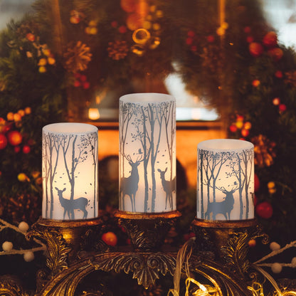 DRomance Silver Deer Flameless Flickering Candles Battery Operated with 6H Timer, 3 Pack Real Wax Warm Light LED Pillar Candles Dinner Tabletop Holiday Centerpiece Decor 3" x 6"