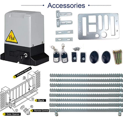 YILIKISS Automatic Sliding Gate Opener Kit Rack Driven Sliding Gate Motor with Remote Controls and Infrared Sensor Electric Gate Operator Complete Kit for Slide Gates Up to 1800 Pounds