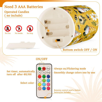 Flameless Candles Battery Operated White Sunflowers Gnome Flickering Led Pillar Candles With Remote Control Summer Honey Floral Colour Changing Warm Light Candles For Wedding Festival Halloween Chr