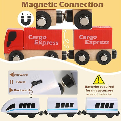 104 Pcs Wooden Train Set for Toddlers Magnetic Trains with Track for Kids Ages 3-6 Compatiable with Major Brands Construction Railway Playset Gifts for Boys and Girls Ages 3+