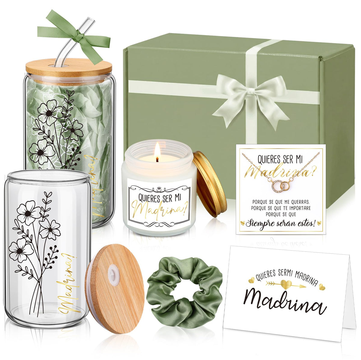 Singhoow 6 Pcs Godmother Proposal Gift Set, Will You Be My Godmother Gift Box, 16oz Glass Cup, Necklace & Scented Candle from Godchild for Baptism Mother’s Day Birthday(Spanish,Sage Green)