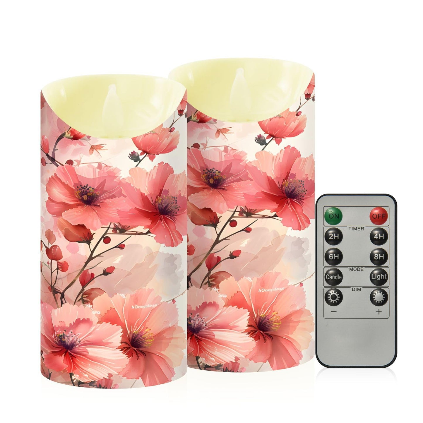 ALAZA Leaves Red White Flower Flickering Flameless Candles Battery Operated with Remote Timer,Tea Light Candles LED Pillar Votive Set of 2 for Outdoor Indoor Decorations 3" x5.9"
