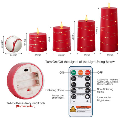 Raycare Independence Day Flameless Candles with Remote Timer, Flickering Battery Operated LED Pillar Fake Candle with String Lights for 4th of July Patriotic Home Decor, Wedding Gift, Red, Set of 5
