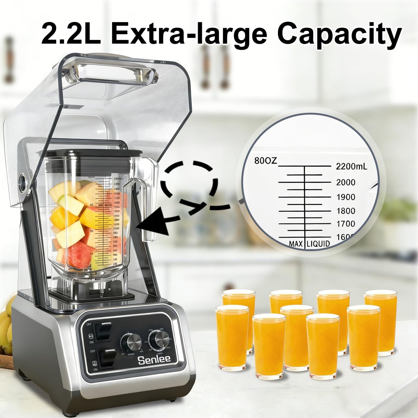 Commercial Blender for Smoothies 2200W With Quiet Shield,80oz BPA-Free Pitcher for Shakes,Self-Cleaning & Ice Crush Pro,6-leaf Stainless Steel Blade,Smoothie & Shake Maker for Restaurants, Kitchens