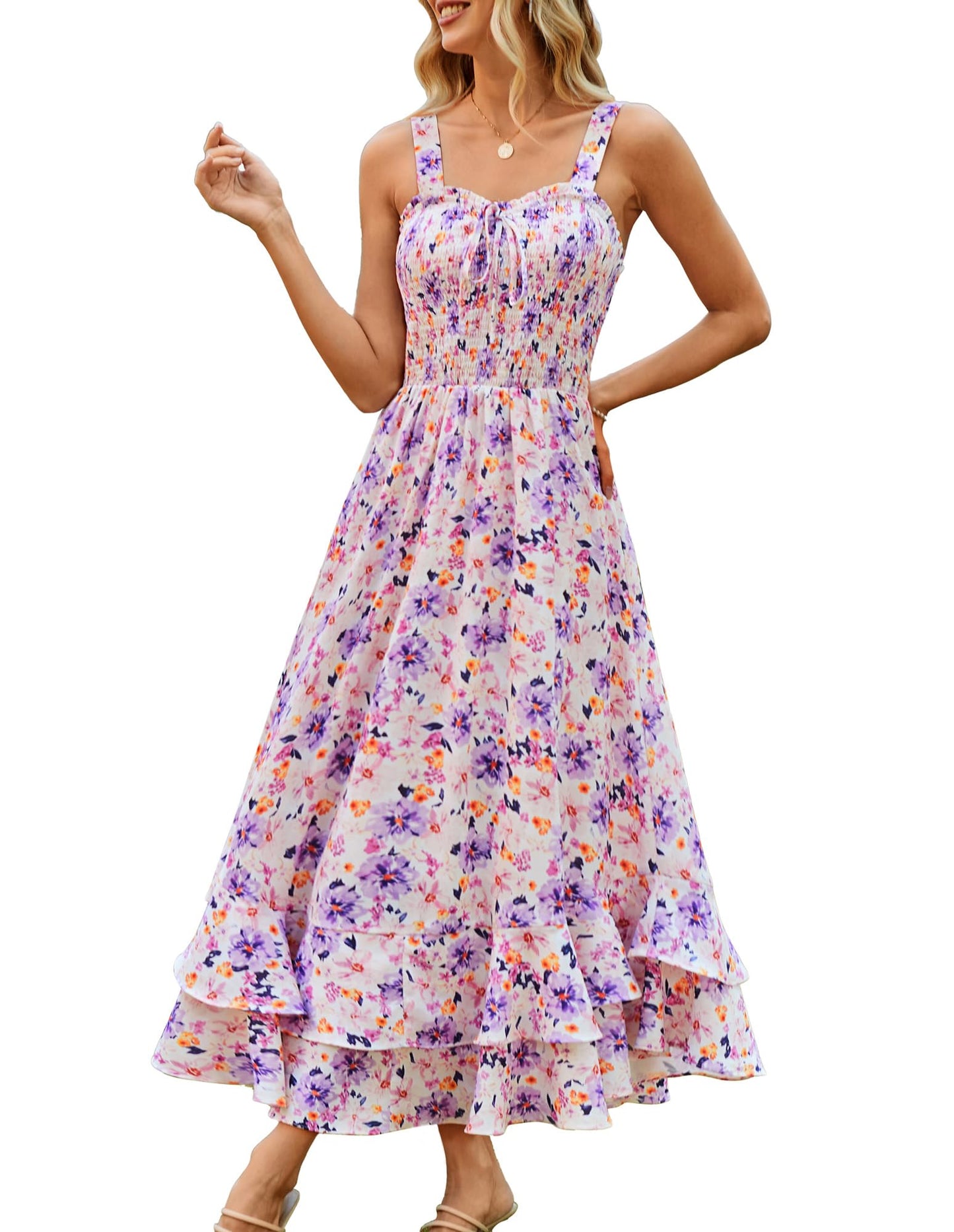 GRACE KARIN Women's 2025 Summer Floral Boho Dress Square Neck Strapped Swing A Line Sundress Beach Long Maxi Outfits