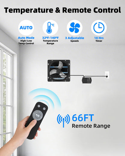 Windigaga 10'' Upgraded Shutter Exhaust Fan with Thermostat & Remote, 890 CFM Wall Mounted Attic Exhaust Fan, Auto On/Off by Temperature for Garage, Greenhouses, Sheds, Chicken Coops & Basement