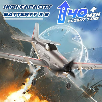 SIMREX RC Plane for Kids - 2.4GHz 3-Channel Remote Control Airplane Toy with 6-Axis Gyro 2 Speeds 2 Batteries P51 RC Airplane Foam Glider - Gift for Boys &amp Girls