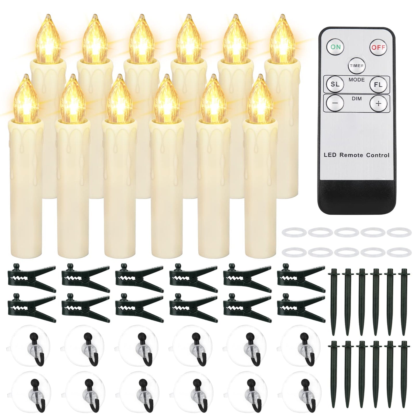 FPOO 12 PCS Flameless Flickering Window Candles with Timer Remote, Battery Operated LED Taper Christmas Tree Candles Lights with Clips and Suction Cups for Home, Garden, Holiday Decorations