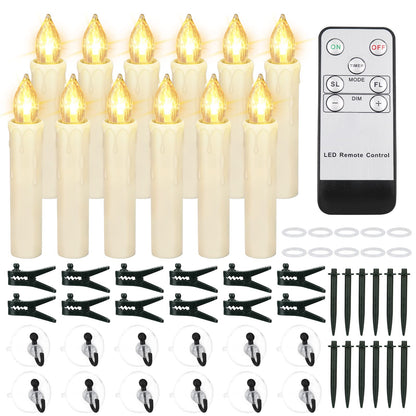 FPOO 12 PCS Flameless Flickering Window Candles with Timer Remote, Battery Operated LED Taper Christmas Tree Candles Lights with Clips and Suction Cups for Home, Garden, Holiday Decorations