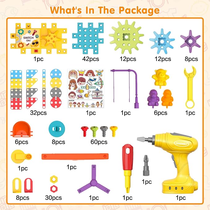 Building Toys 234 Pieces Upgrade Gear Building Blocks Set Kids Tool Set with Electric Drill Kids Toys STEM Kits Gifts for Boys Girls Age 3+