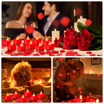 Coume 6000 Pieces Artificial Rose Petal 72 Pieces LED Tealights Candle, Romantic Decorations Special Night Rose Petal Heart Candle for Valentines Wedding Anniversary Proposal Decor(Red Light)