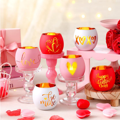 FoldTier 6 Pcs Valentines Candle Holders Love Glass Tealight Votive Candle Holder for Table Centerpiece Valentine's Day Wedding Party Decoration Home Tabletop Decor Gift