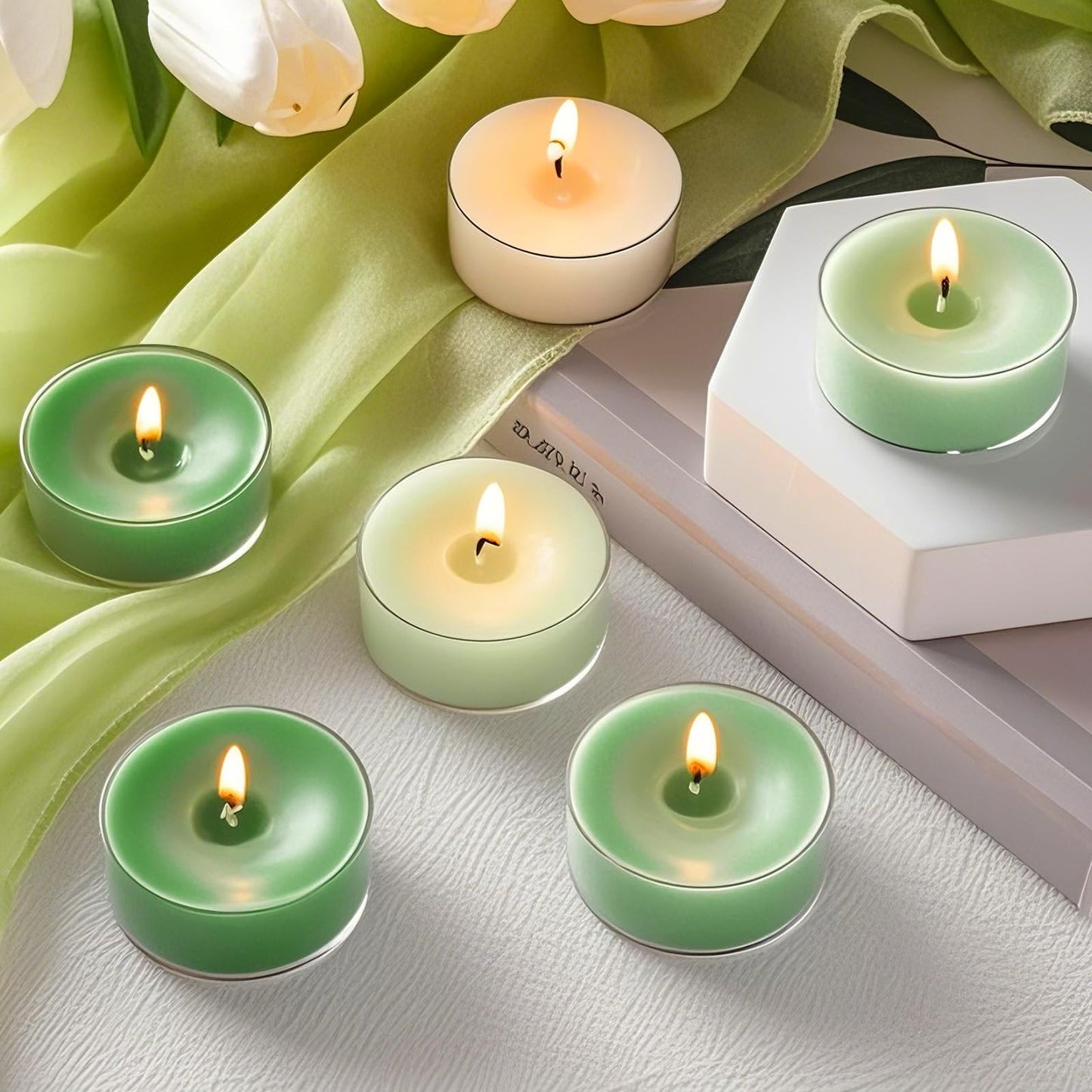 Honoson 12 Pack Green Tea Lights Candles Green Round Tea Light Natural Wax Scented 6 Scents Conversation Candle for Spring Easter Wedding Engagement Gifting Aromatherapy Anniversary Summer Home Decor