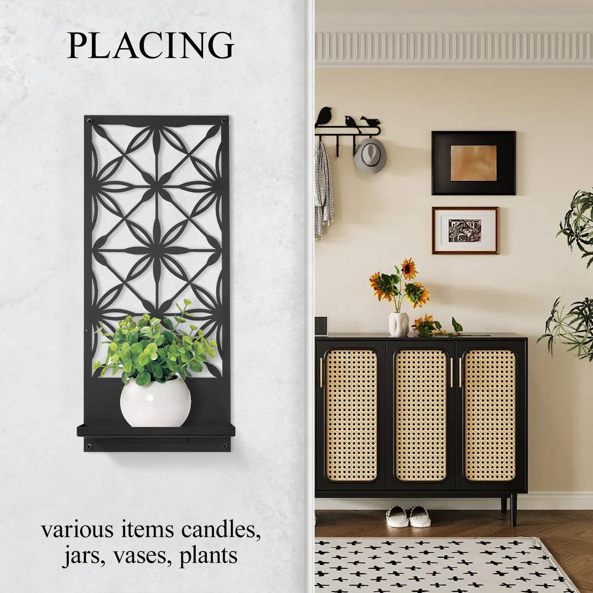 Doodlream 2 Pack Candle Wall Sconces, Retro Black Metal Wall Candle Holders, Foldable Floating Shelves with Rectangle Floral Geometric Back, Farmhouse Wall Decor for Entryway Living Room Bedroom
