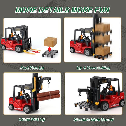 RC Forklift with Trailer Kids Forklift Construction Toys Set with Lift Fork &amp Hook &amp Flatbed 11 Channel Kids Forklift Toy with Light &amp Sound &amp Spray Gift for Kids 6+ (Red)